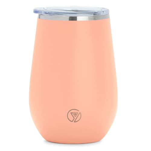 Y DRINK Stylish Stemless Cocktail Wine Glass Tumbler 12oz - Double Wall Insulated Cup - Splash Proof Lid - Food Safe - Non-Corrosive Stainless Steel with Anti-Slip Powder Coating (Blush Rose Gold)
