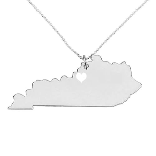 Art Attack Stainless Steel I Love Kentucky Necklace, Bluegrass State Heart Map Outline Pendant (Silver)