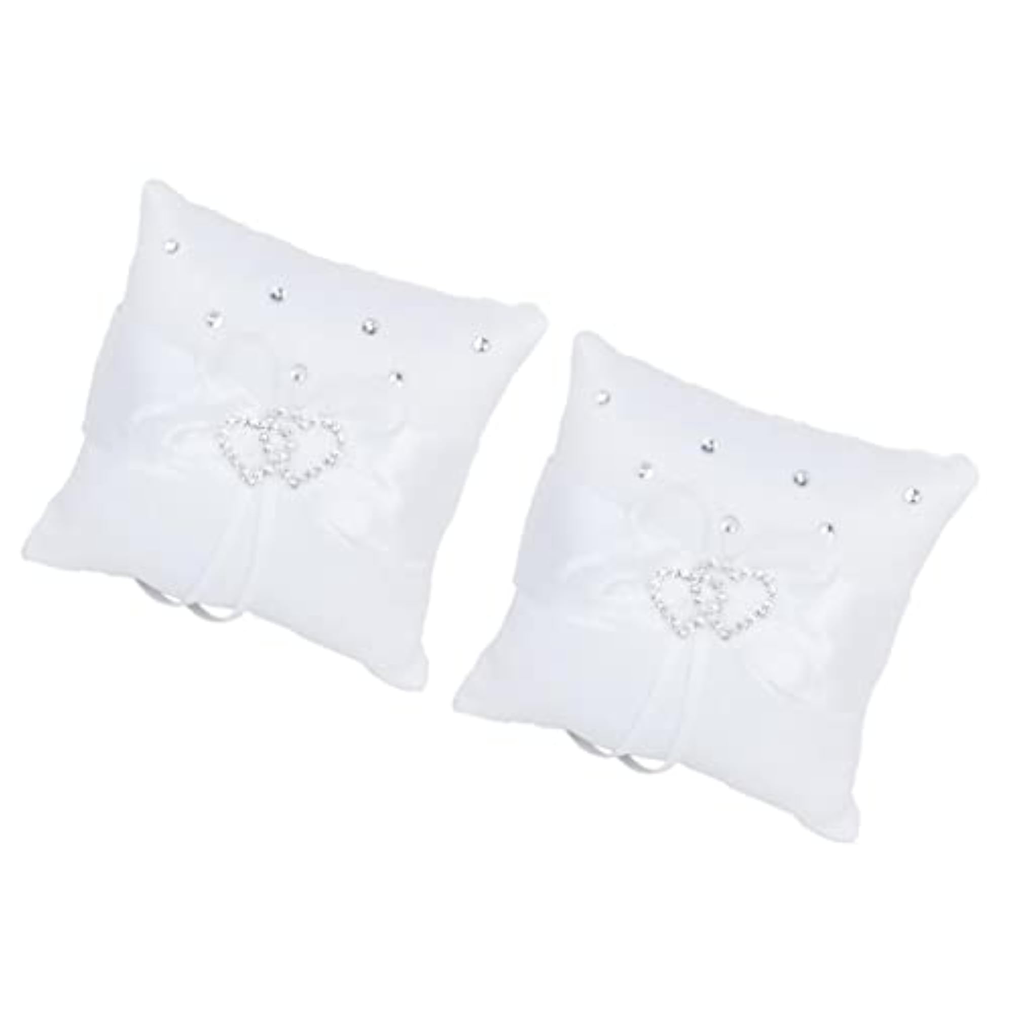 White Double Heart Crystal Rhinestone Wedding Pocket Ring Pillow Cushion