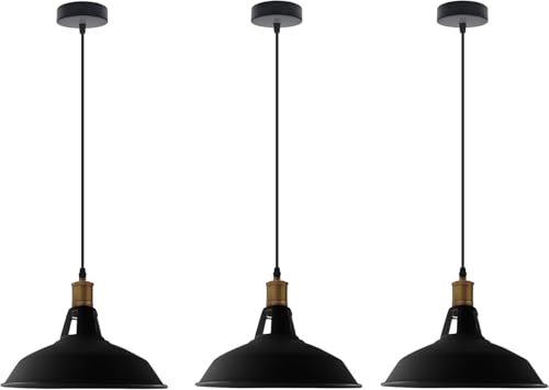 LEDSone 3pcs Vintage Retro Lampadario a Sospensione Industriale Plafoniera E27 Paralume in metallo Sospensione LED Lampada Loft (Nero)