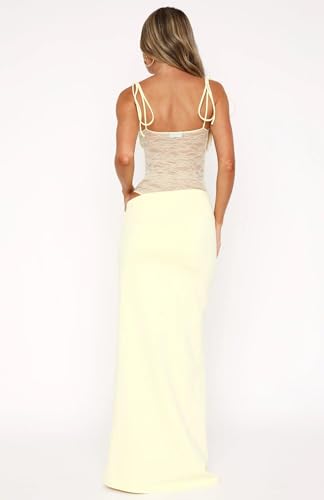 Image of Women's Lace Splicing Cutout Maxi Dress Square Neck Sleeveless Bodycon Long Dress with Sheer Corset