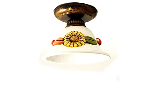 Plafón de techo clásico de 1 luz de hierro forjado y cerámica girasol realizado artesanalmente y decorado a mano d.18 cm coll. Terry