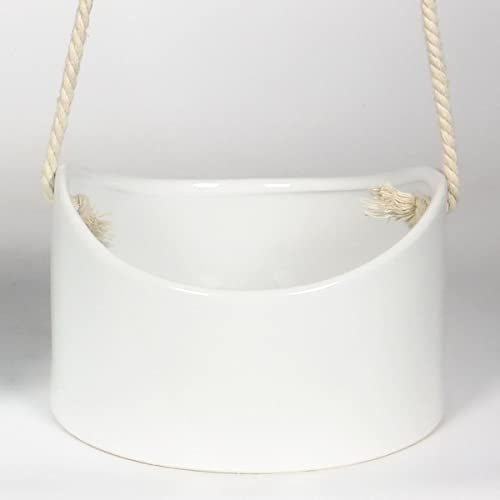 212 Main White Glazed Ceramic with Rope Hanger Hanging Planter