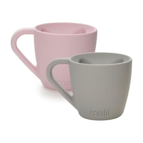 melii 2 Pack Silicone Bear Mug for Toddlers and Kids - Durable Food-Grade BPA-Free Cup for Hot and Cold Beverages - Fun Bear-Shaped with Easy-Grip Handle - Pink and Grey Cover