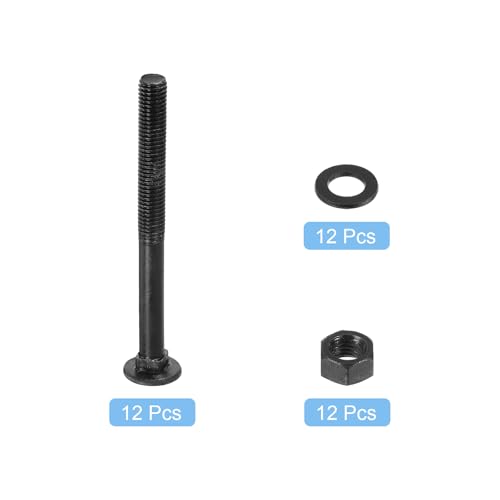 Image of uxcell M12 x 125mm Carriage Bolt Kit, 12 Set Round Head Square Neck Screws, Carriage Bolts Screws Set Includes Washers and Nuts - Carbon Steel Black Oxide for Fastening Accessories