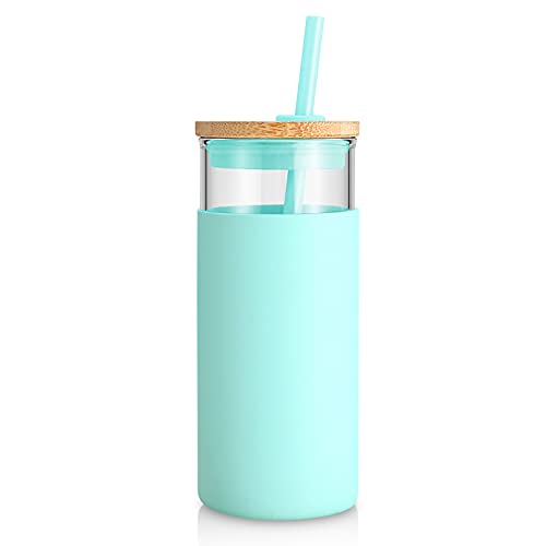 Tronco 20 oz Glass Tumbler with Lid and Straw, Iced Coffee Cup and Smoothie Cup with Bamboo Lids & Protective Silicone Sleeve, Dishwasher Safe, BPA-Free, Glass Cup 1 Pack