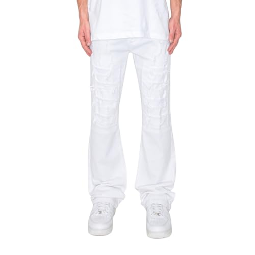 Men's Bootcut Jeans, White, Waist Sizes 30-38, Distressed Ripped, Cotton Spandex Blend, Wide Leg, 5-Pocket Design