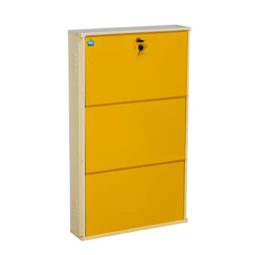 Image of DELITE KOM 24 Inch Wide, 3 Shelf Metal Shoe Rack Wall Mounted for Home with Central Lock Holds Upto 9 Shoes or 15 Slippers Pair | 1 Year Warranty | (41 x 24 x 5 Inch, Ivory Yellow) DIY Space Saving