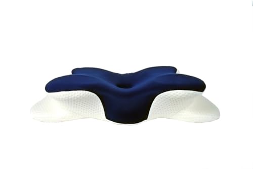Image of SYSVENT The Future | Premium Memory Foam Neck Pillow for Orthopedic Support | Ergonomic Cervical Pillow for Tailbone, Sciatica & Lower Back Pain Relief | Breathable Cover | Navy Blue & White