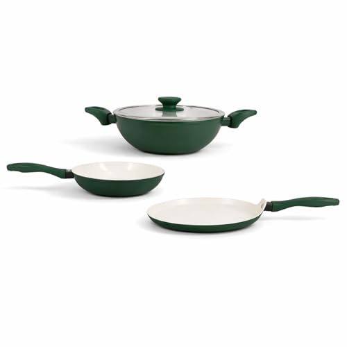 Image of SALFORD Forged Ceramic Set of 3+1 (Kadai 240mm + Frypan 240mm + Tava 260mm + Glass Lid) with Tubular SS Handle I Induction Base & Gas Ready I 2 Year Warranty (Green & Vanilla)