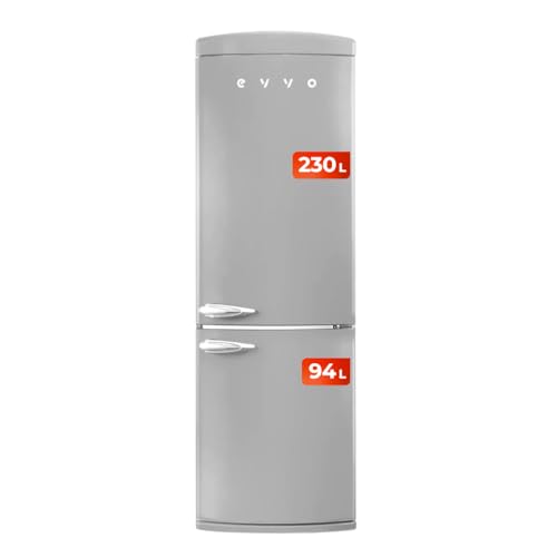 EVVO Frigorífico combi, Diseño Retro, No Frost, Capacidad Frigorífico 230L y Congelador 94L, Libre de Gas CFC, Refrigeración Turbo Fan, Crisper Zone, Control manual (F60 Retro Color Gris)