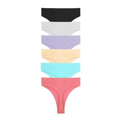 Image of High Waist Thong Women Ribbed Cotton Panties S-4XL Pack 6 | Auithery High Waist Thong Underwear Women Ribbed Cotton Tummy Control Thongs Panties Size S-4XL Pack 6