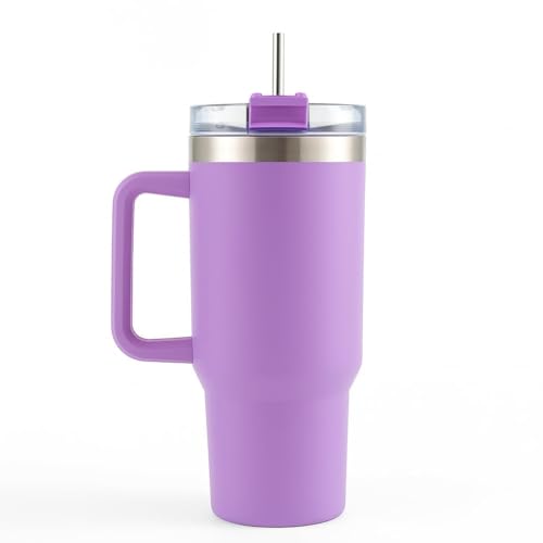 Image of Double Wall Insulated Stainless Steel Tumbler with Handle 1200ml | Travel Mug with Steel Straw| Hot & Cold Beverage Flask | Easy Carry Home, Office, Gym (Purple)