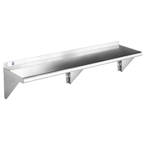 ROCKPOINT Stainless Steel Shelf 12 x 72 Inches 450lb, NSF Metal Commercial Shelves Wall Mount Floating Shelving with Backsplash for Restaurant, Kitchen, Home and Hotel, Silver