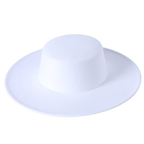 Women Classic Felt Church Hats British Style Wide Brim Top Fedora Hat Wedding Dress Up Jazz Cap Boater Hat (A-White, ONE Size)