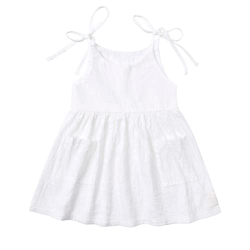 Image of RUKOSU Toddler Baby Girl Summer Cotton Linen White Dresses Bow Straps Sleeveless with Pockets Casual Sundress