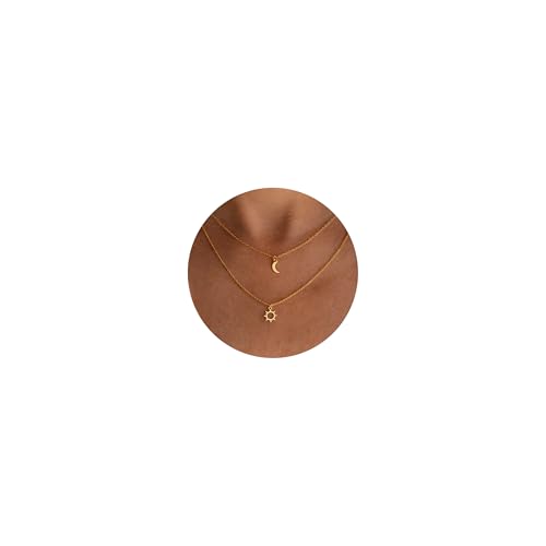 PRTGL Sun and Moon Necklace: 14k Gold Plated Tiny Crescent Moon Little Sun Solar Light Dainty Layered Necklace for