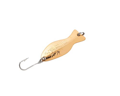 AL's Goldfish I100 Ice Fishing Jig/Spoon with Single J Hook and Optional red tag. Flasher Effect Jigging Lure for Crappie, Perch, Panfish, Trout and Bass - 3/16 oz. 1-1/2", Gold