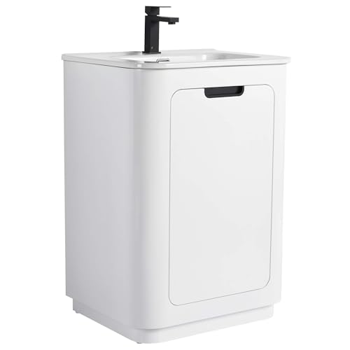 Fine Fixtures Shireplace Collection, 24 Inch Bathroom Vanity with Sink, Bathroom Cabinet Storage, Freestanding Vanity, Satin White – Elegant Modern Design, Soft-Close Doors, Recessed Handle