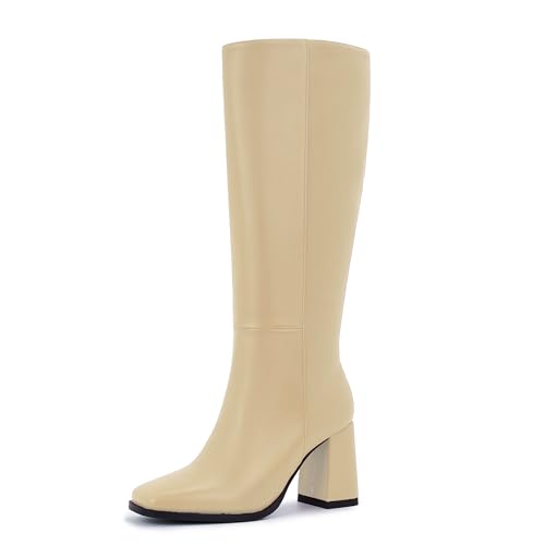 Image of Knee High Boots for Women - Wide Calf Boots with Zipper, Square Toe Tall Leather Boots, Chunky Heel Fashion Long Boots