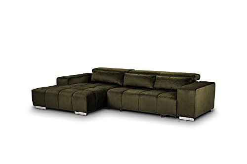 Mivano Eckcouch Orion / Großes Ecksofa mit XL-Recamiere inkl. Relaxfunktion, Kopfteilfunktion und Kissen / 307 x 73 x 186 / Velours, Grün