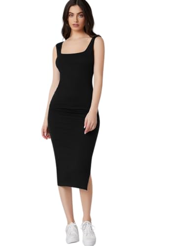 Image of rosery paris Square Neck Sleeveless Black Bodycon Dress for Women and Casual wear