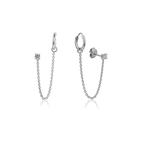 Viash Sterling Silver Jewelry Chain Connected Double Piercing Earring with Cubic Zirconia Stones and Rhodium Plated for Women and Girls Cover