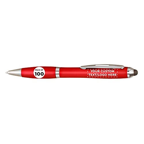 DISCOUNT PROMOS Custom Plastic Stylus Pens Set of 100, Personalized Bulk Pack - Black Ink, Great for Office, School, Business, Tradeshows, Events - Red
