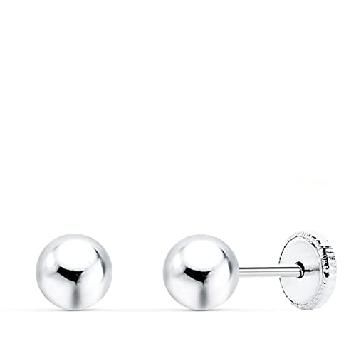 Pendientes bebé recién nacido en oro de 18 quilates 100% marca contraste 750. Son de primera puesta con cierre de rosca dormilón para niña forma de bola. (3mm, Oro blanco)
