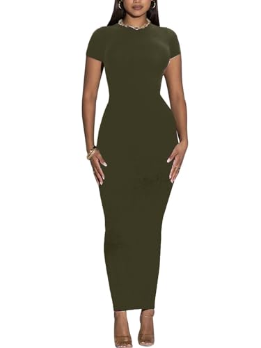 Image of Women's Long Bodycon Dresses Leopard Print Casual Maxi Club Party Tight Dress Short Sleeve