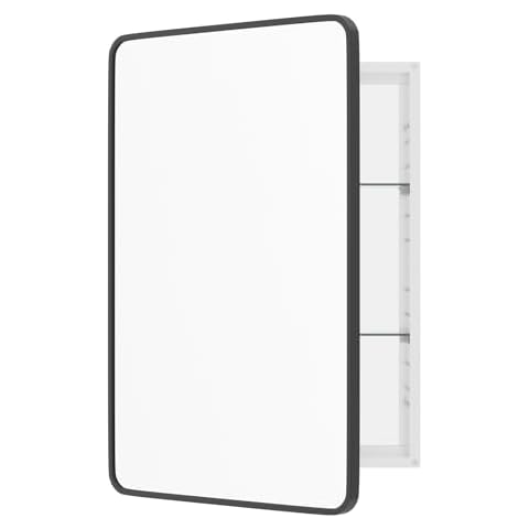 WallBeyond Bathroom Medicine Cabinet with Mirror, 24x36 Inch Black Recessed Medicine Cabinet with Round Corner Aluminum Alloy Metal Framed, Single Door Modern Medicine Cabinet with Storage Cover