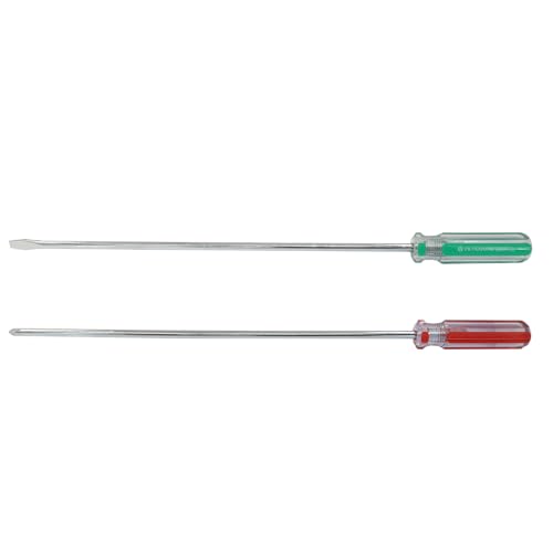 Image of 12 Inch Extra Long #2 Phillips & 6mm Slotted Screwdriver 2-Piece Set, Magnetic Tip Flat Blade Cross-head Screwdrivers (Red, Green)