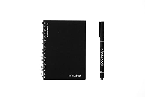 InfiniteBook - Cuaderno reutilizable (A6, liso, espirales, incluye bolígrafo negro), negro