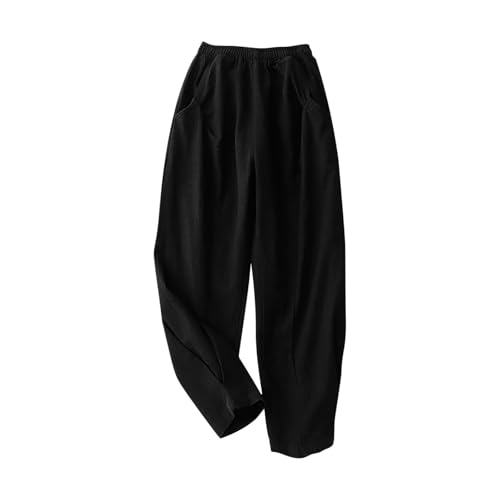 Womens Cotton Linen Harem Cropped Pants Casual Loose Comfy Breathable Trousers Elastic Waist Beach Pant with Pocket Black