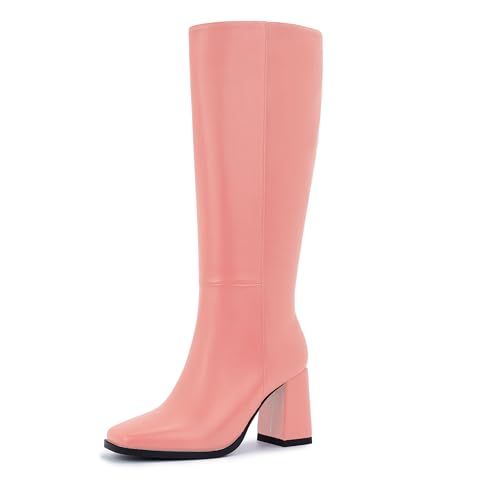Image of Knee High Boots for Women - Wide Calf Boots with Zipper, Square Toe Tall Leather Boots, Chunky Heel Fashion Long Boots