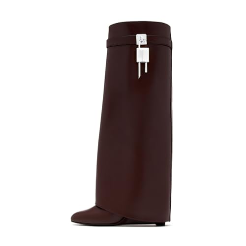Image of keleimusi Fold Over Wedge Boots Heeled PadLock Pant Knee High Shoes Tall /Short Booties in Burgundy