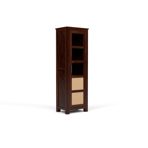 Image of Solid Sheesham Wood Bookshelf with Acrylic Glass Door | Rosewood Kitchen Cabinet with Storage Shelves for Dining Room & Office (B-Walnut Finish)
