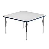 Correll 42' Square Classroom Activity Table, Height Adjustable (19'-29') Markerboard/Dry Erase Durable High Pressure Top, Blue Edge, Black/Chrome Legs, School Furniture, Made in The USA