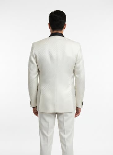 Image of Men's Navy Blue Jacquard Tuxedo Suit with Black Shawl Lapel, 3-Piece Formal Wedding Ensemble, Red Pocket Square