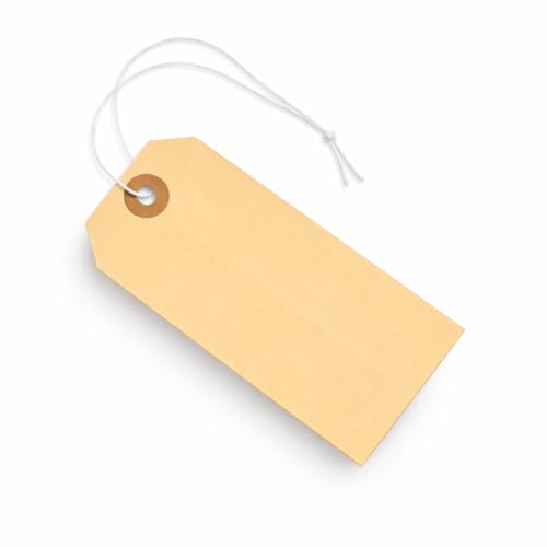 Tags with Elastic String Attached - #5, 4 3/4" x 2 3/8" Box of 200 Manila Paper Label Tags with Elastic Loop and Reinforced Hole