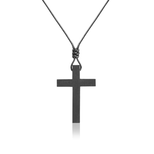 Men's Wooden Cross Necklaces Real Handcrafted Wood Cross Pendants With Leather Necklaces Men's Black Cross Necklaces Christian Baptism Crucifix Pendant for Men