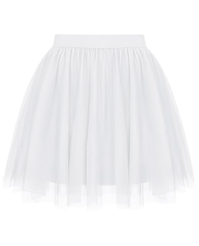 Lovasy Tüllrock Damen Kurz Schwarz Rock 2 Lagen Tüll Elastische Taille Sommerrock Party Prom Rock Weiß L-XL