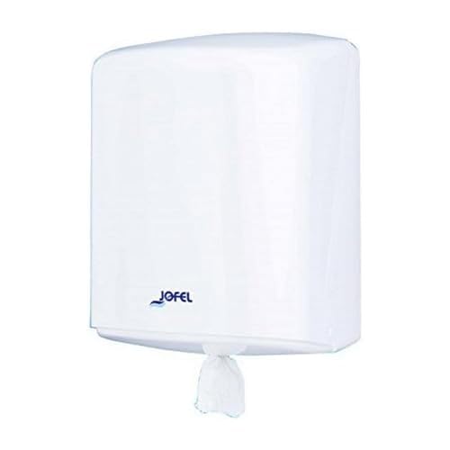 Jofel - Dispensador de Papel en Bobina hasta 205mm Mecha en Continuo, Bobina Especial para Dispensar por el Centro de la Base, Maxima Higiene, Carcasa de ABS, Azur AG40000, Blanco