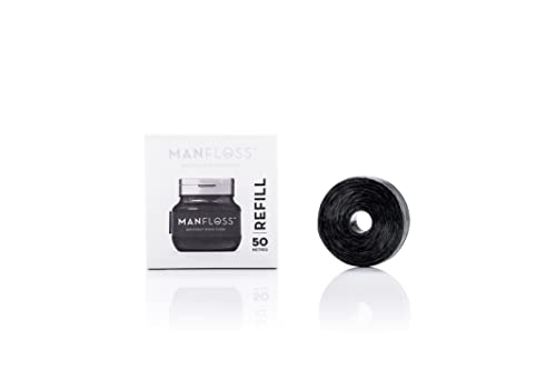 Manfloss Refill - 50 Metre Roll of Black Dental Floss Tape – Easy, Comfortable, Fun & Effective Flossing. PFAS-Free, Vegan-Friendly, Fresh Mint Flavour & Shred-resistant. Seriously Good Floss