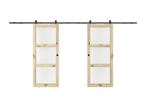Vente-unique - Porte coulissante double avec systéme en applique en bois et verre trempé - 3...