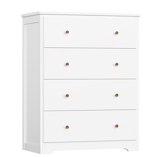 Image of HOUSUIT White Dresser, 4 Drawer Dressers Chest of Drawers, Modern Tall Dresser, Wood Drawer Chest Storage Cabinet for Living Room, Hallway, Entryway, Home Office, Ivory White