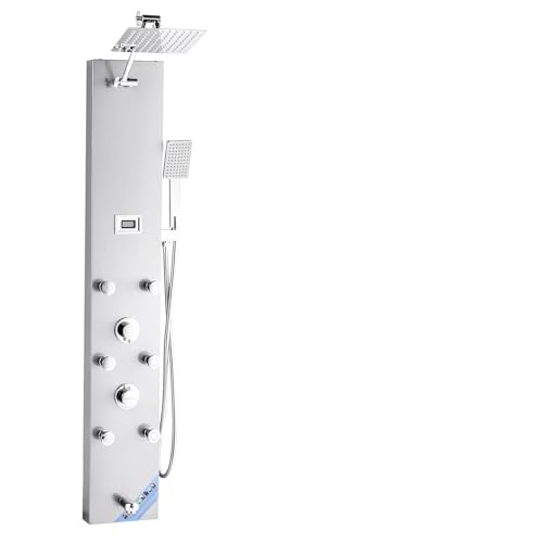 VEVOR Pannello Doccia con Sistema a Torre con Soffione a Pioggia, LED, Colonna Doccia in Acciaio Inox Spazzolato 1240 mm Rubinetto a 4 Funzioni, con 6 Getti Corporei, Doccetta e Beccuccio per Vasca