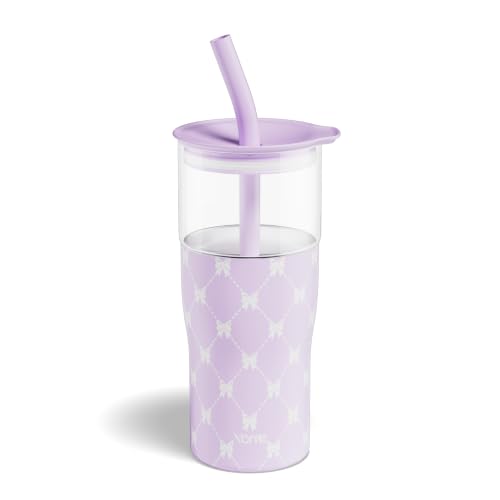 Image of YOME 20oz Purple Bow Insulated Glass Tumbler with Lid & Straw for Women Gift| Stainless Steel Iced Coffee Cup | Keep Drinks Cold |Cupholder Friendly |Ideal for Iced Coffee, Smoothies & Boba