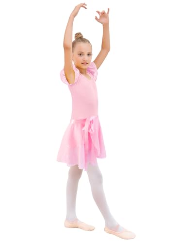 Image of EQSJIU Ballet Leotards for Girls with Removable Skirt Combo Tie Ruffle Sleeve Ballet Dance Dress Outfit 2-12 Years
