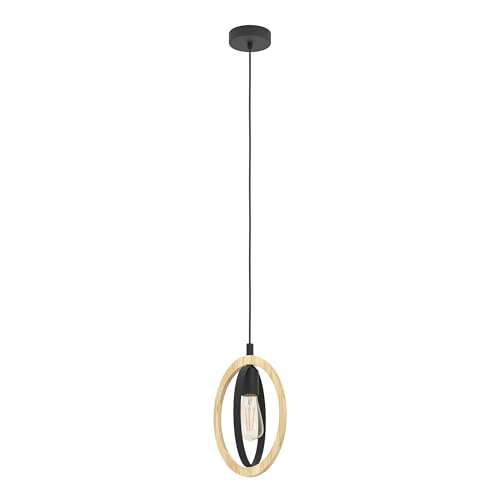 Eglo Suspension Basildon, lampe suspendue vintage 1 flamme, style industriel rétro, suspension en acier et bois noir naturel, lampe de table à manger, lampe de salon suspendue avec douille E27